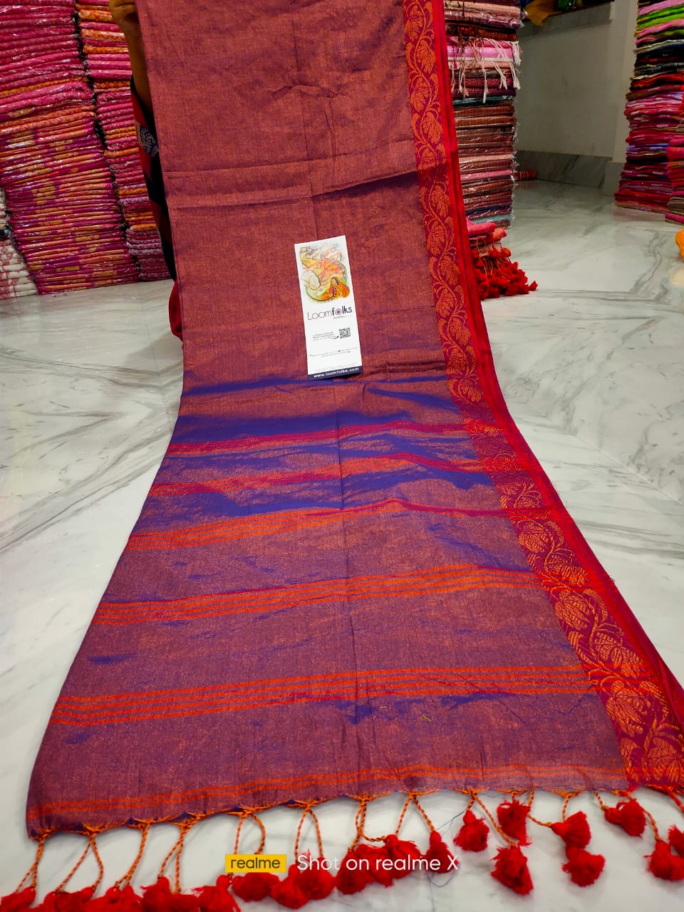 Dark Blue Red Dual Tone Tissue Cotton Saree with Jacquard Border Weave