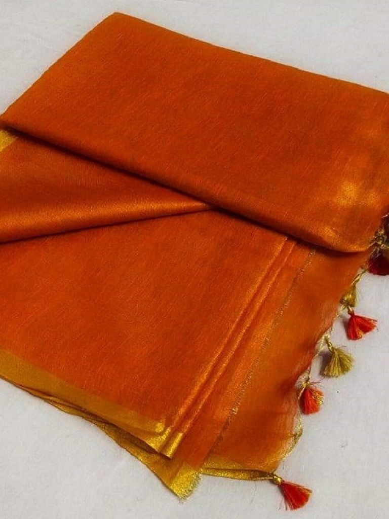 Divine Orange Golden Tissue Linen Saree With Thin Golden Border14