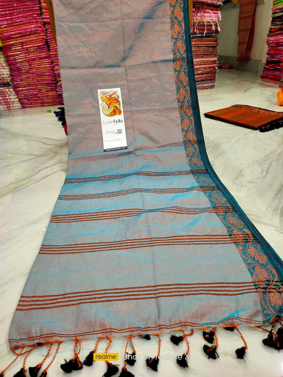 Dual Shade Blue Brown Tissue Cotton Saree with Jacquard Border Weave
