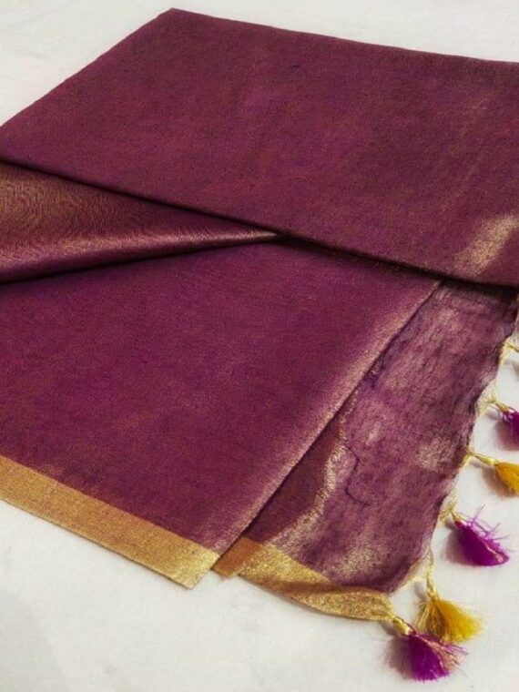 Elegant Purple Golden Tissue Linen Saree With Thin Golden Border