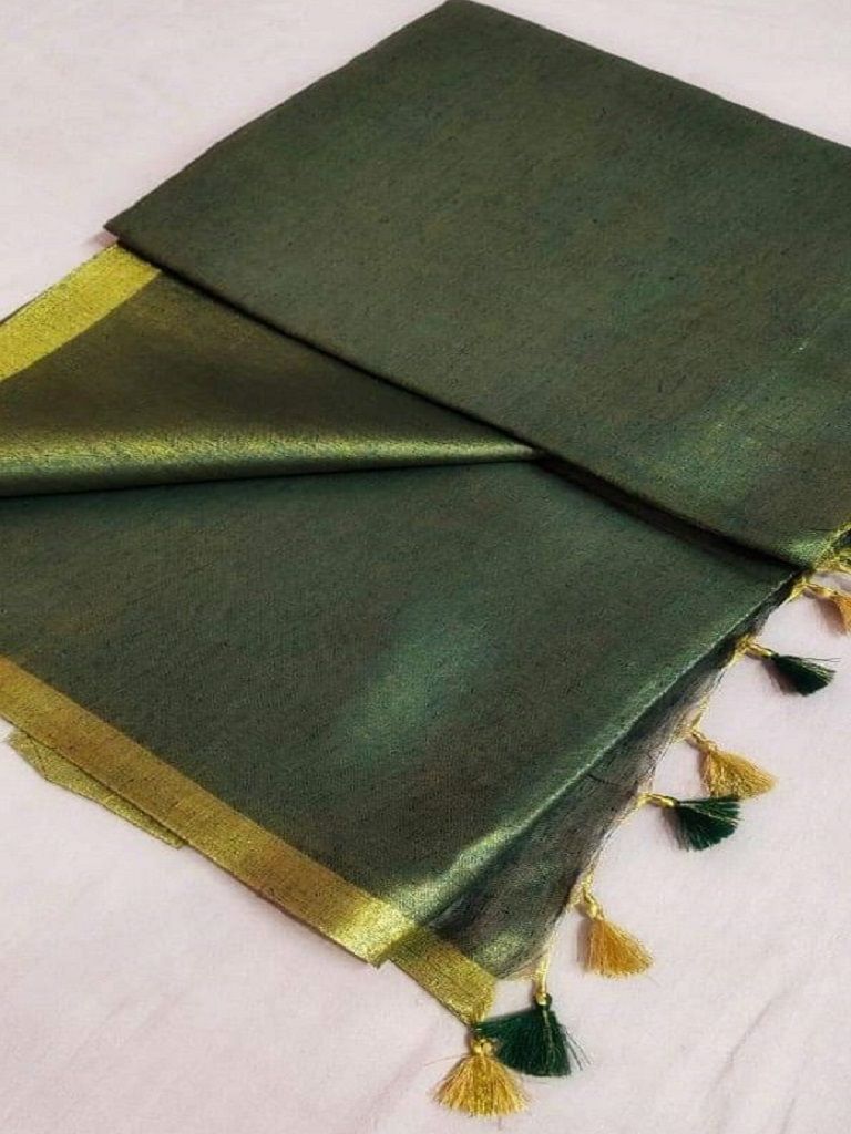 Enticing Bottle Green Golden Tissue Linen Saree With Thin Golden Border14