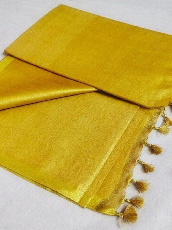 Glorious Yellow Golden Tissue Linen Saree With Thin Golden Border