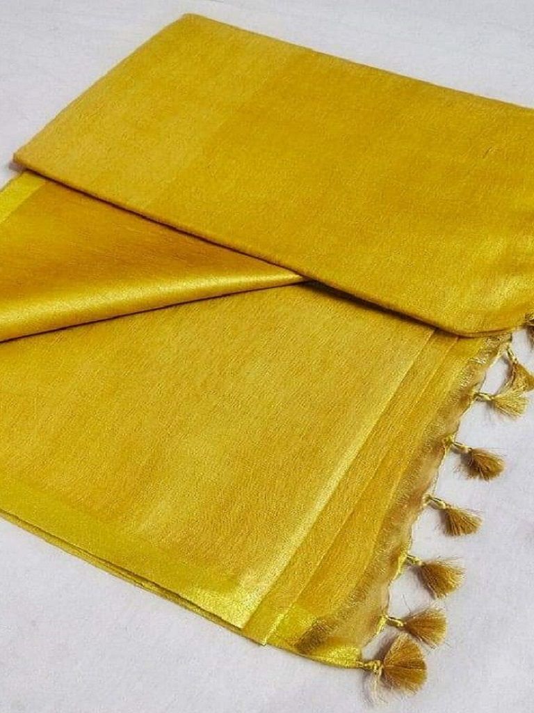 Glorious Yellow Golden Tissue Linen Saree With Thin Golden Border14