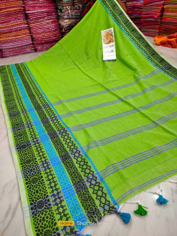 Grass Green Pure Handwoven Bengal Cotton Saree With Beautiful Tassels