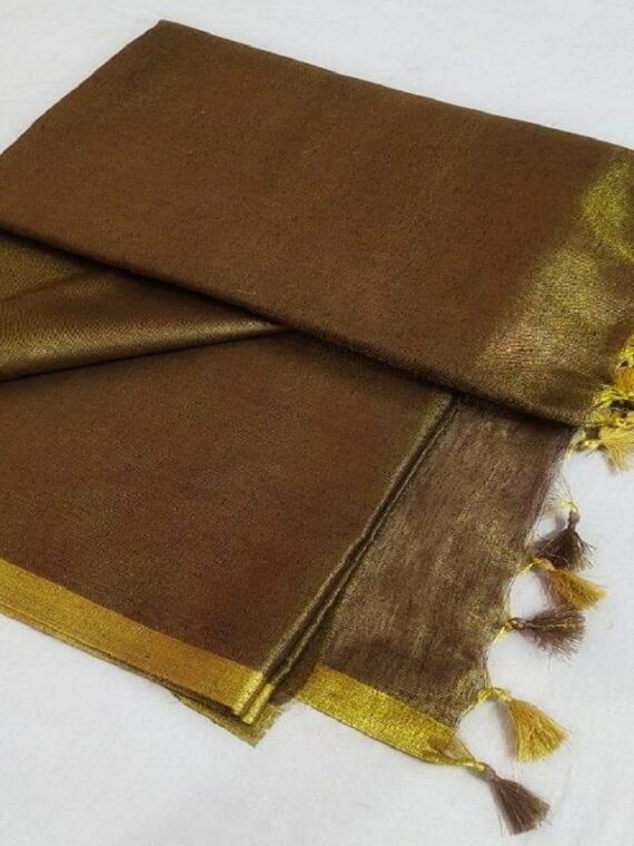 Mesmerizing Brown Golden Tissue Linen Saree With Thin Golden Border