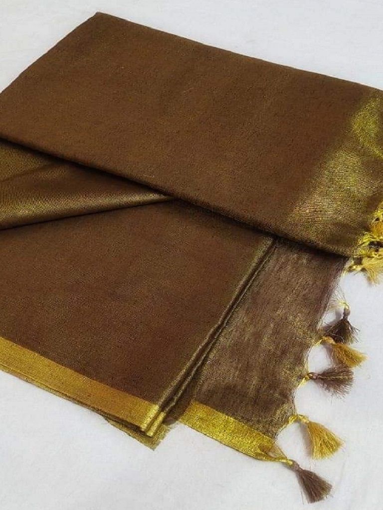 Mesmerizing Brown Golden Tissue Linen Saree With Thin Golden Border14