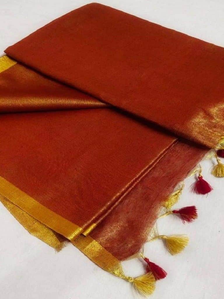 Outstanding Red Golden Tissue Linen Saree With Thin Golden Border14