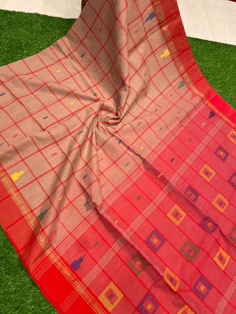 Peach Pink Check Pattern Handwoven Cotton Silk Saree