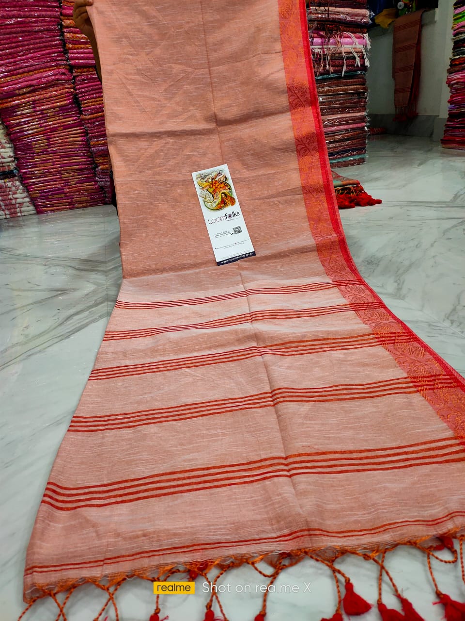 Peach Red Dual Tone Tissue Cotton Saree with Jacquard Border Weave