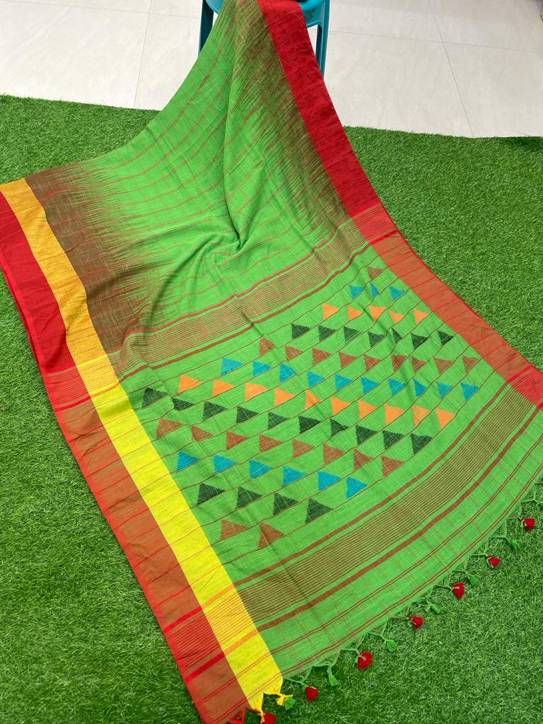 Pista Green Check Design Ikkat Weave Cotton Saree With Triangular Pattern Pallu