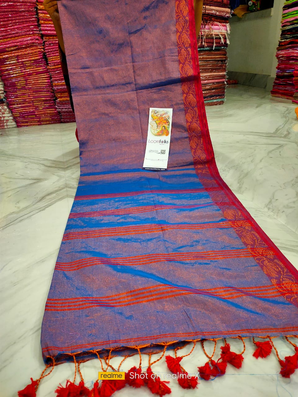 Royal Blue Red Dual Tone Tissue Cotton Saree with Jacquard Border Weave