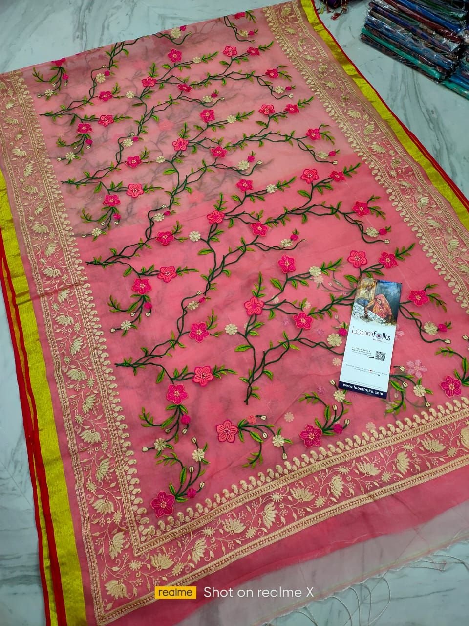 Bright Red Tussar Silk Saree with Resham Embroidery