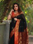 Sparkling Black Banarasi Weave Linen Saree For Happy Occassions