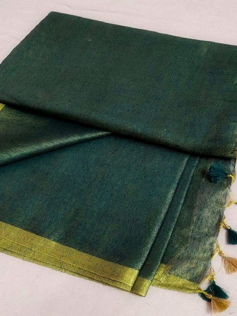 Unique Teal Green Golden Tissue Linen Saree With Thin Golden Border14