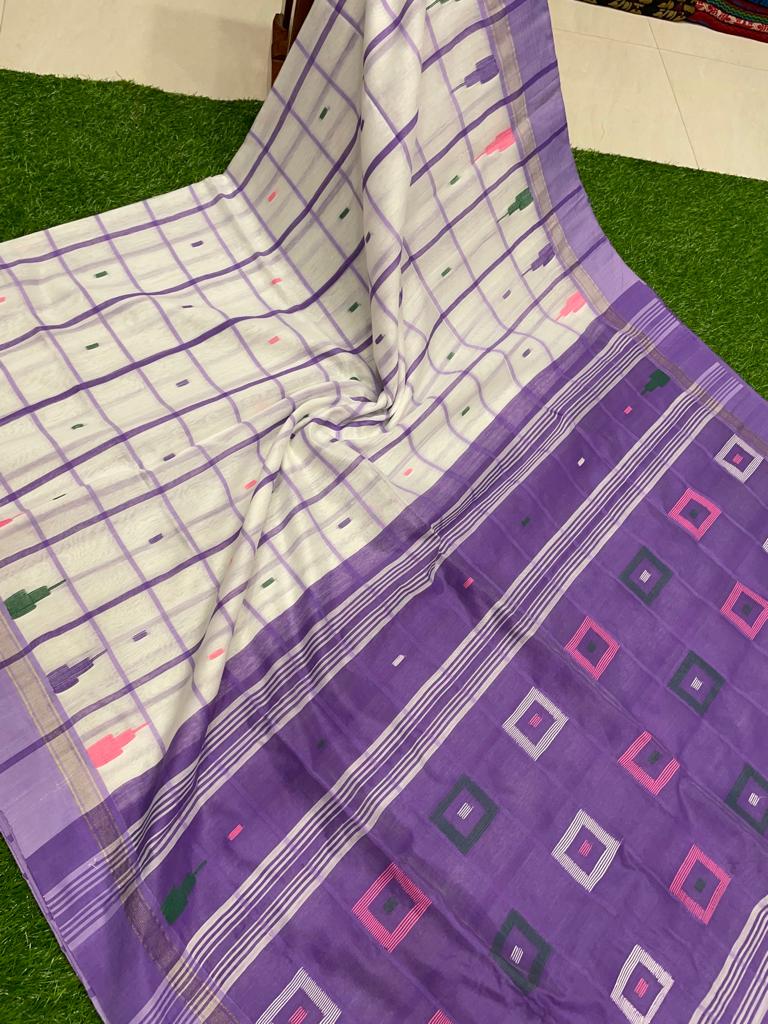 White Lavendar Check Pattern Handwoven Cotton Silk Saree