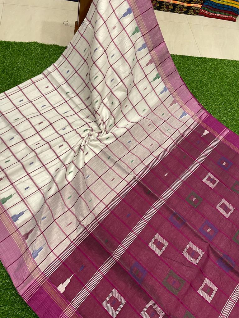 White Purple Check Pattern Handwoven Cotton Silk Saree