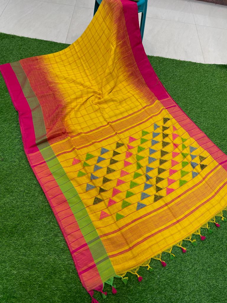 Yellow Check Design Ikkat Weave Cotton Saree With Triangular Pattern Pallu