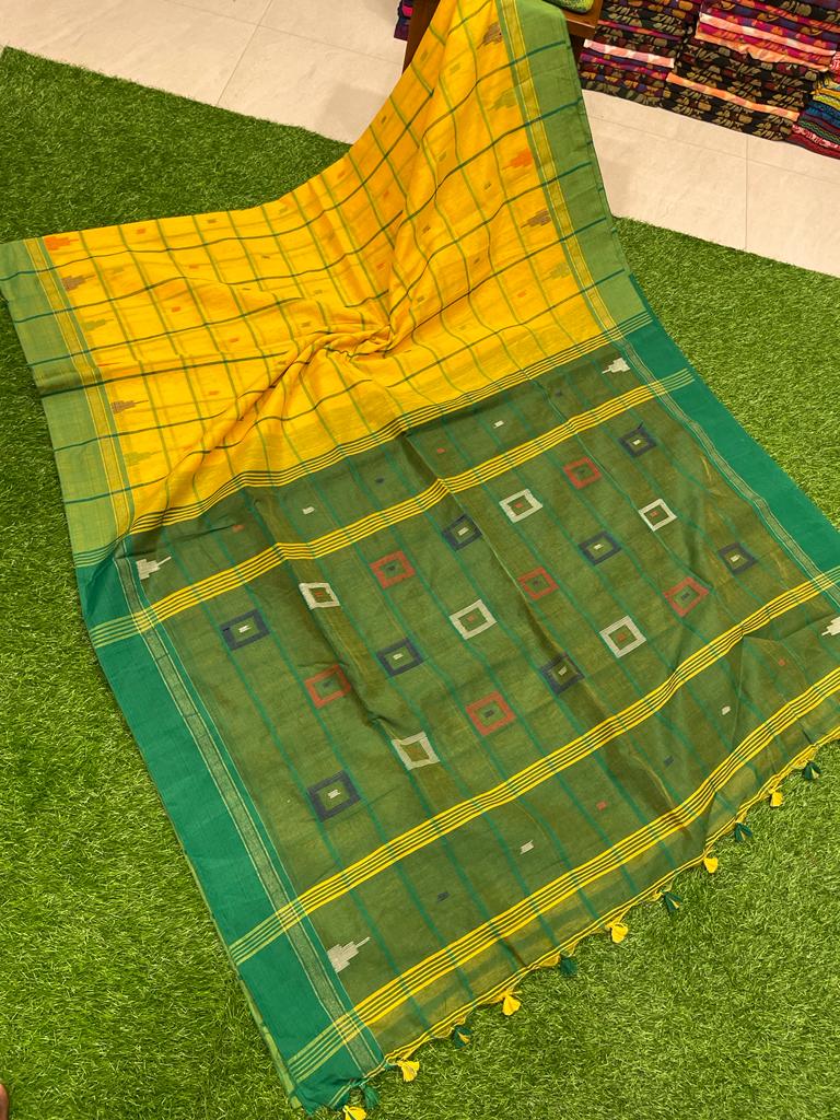 Yellow Green Check Pattern Handwoven Cotton Silk Saree