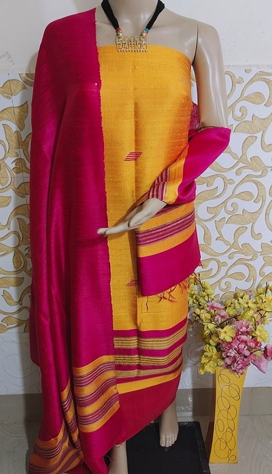 Alluring Yellow Pink Pure Tussar Dupion Raw Silk Handwoven Dress Material With Top Bottom Dupatta Set2