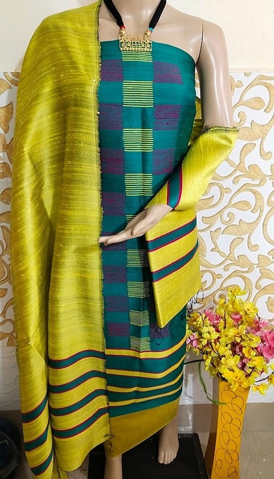 Awesome Blue Yellow Pure Tussar Dupion Raw Silk Handwoven Dress Material With Top Bottom Dupatta Set2