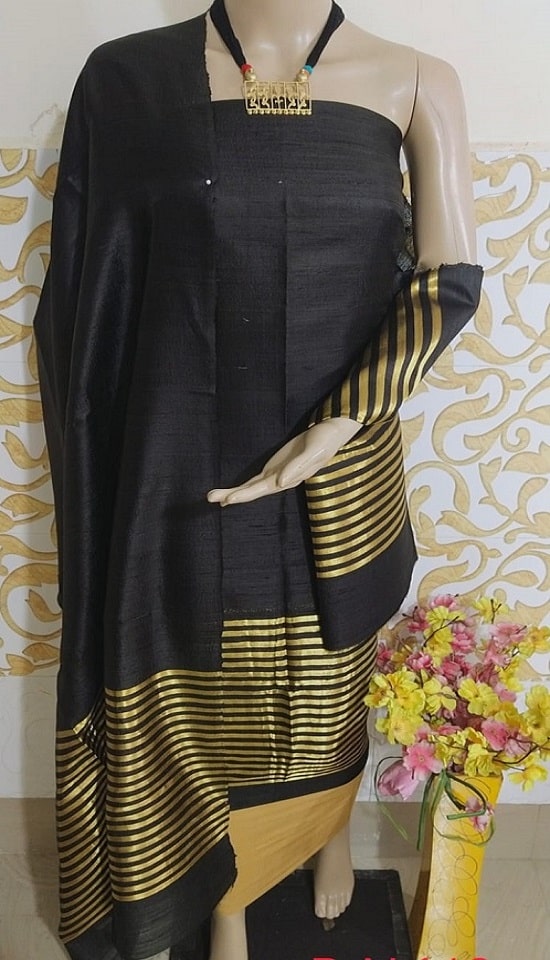 Charming Black Pure Tussar Dupion Raw Silk Handwoven Dress Material With Top Bottom Dupatta Set2