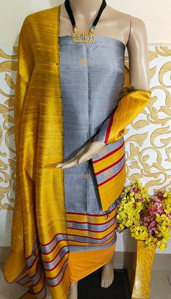 Dazzling Grey Mango Yellow Pure Tussar Dupion Raw Silk Handwoven Dress Material With Top Bottom Dupatta Set2