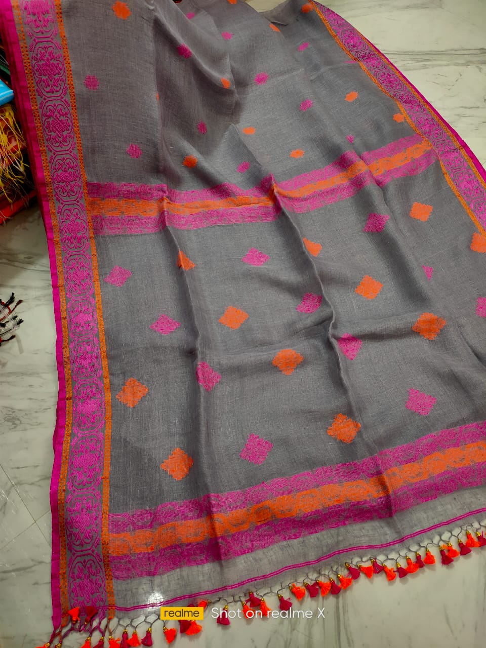 Delighful Grey Pink Jacquard Weave Linen Saree With Pretty Tassels