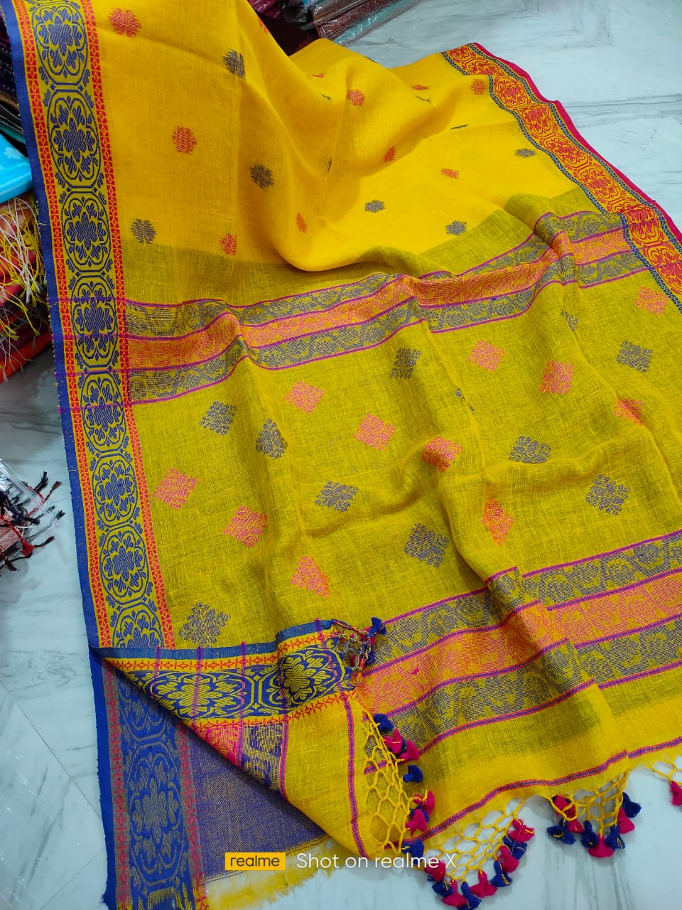 Divine Yellow Blue Jacquard Weave Linen Saree With Pretty Tassels