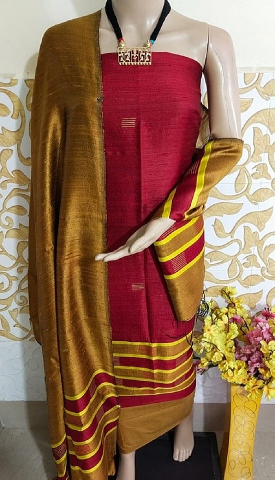 Elegant Red Yellow Pure Tussar Dupion Raw Silk Handwoven Dress Material With Top Bottom Dupatta Set2