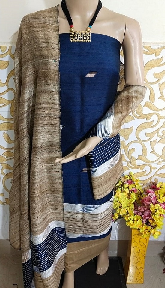 Enchanting Rustic Blue Pure Tussar Dupion Raw Silk Handwoven Dress Material With Top Bottom Dupatta Set2