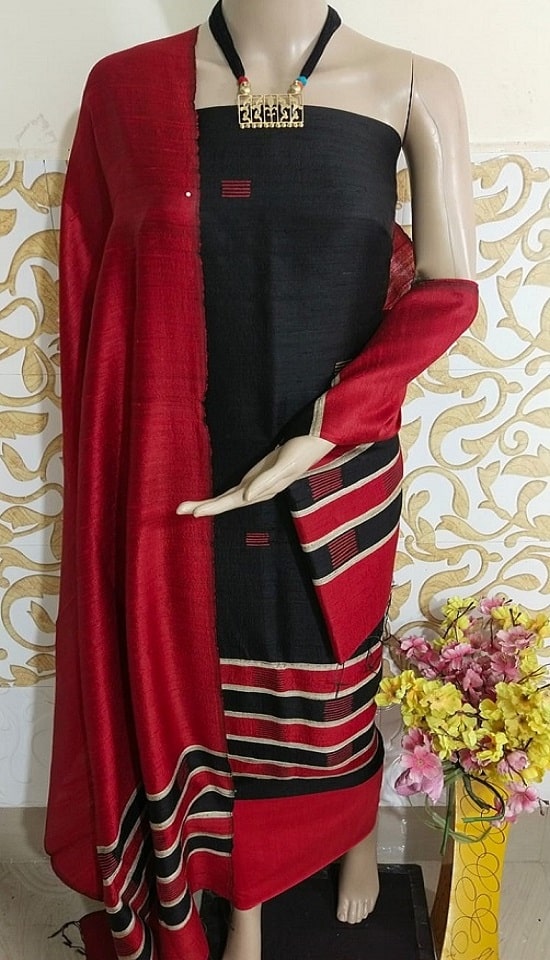 Lovely Black Red Pure Tussar Dupion Raw Silk Handwoven Dress Material With Top Bottom Dupatta Set2