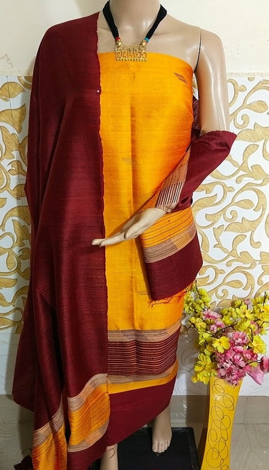 Ravishing Yellow Maroon Pure Tussar Dupion Raw Silk Handwoven Dress Material With Top Bottom Dupatta Set2