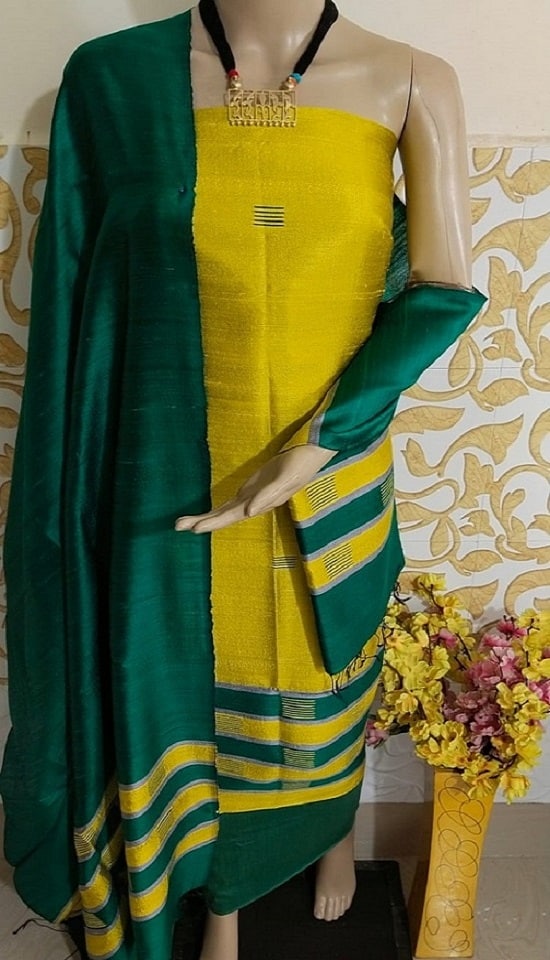 Rich Yellow Teal Green Pure Tussar Dupion Raw Silk Handwoven Dress Material With Top Bottom Dupatta Set2