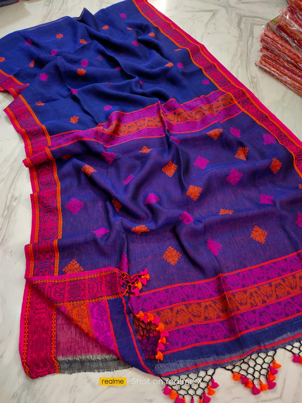 Royal Blue Red Jacquard Weave Linen Saree With Pretty Tassels