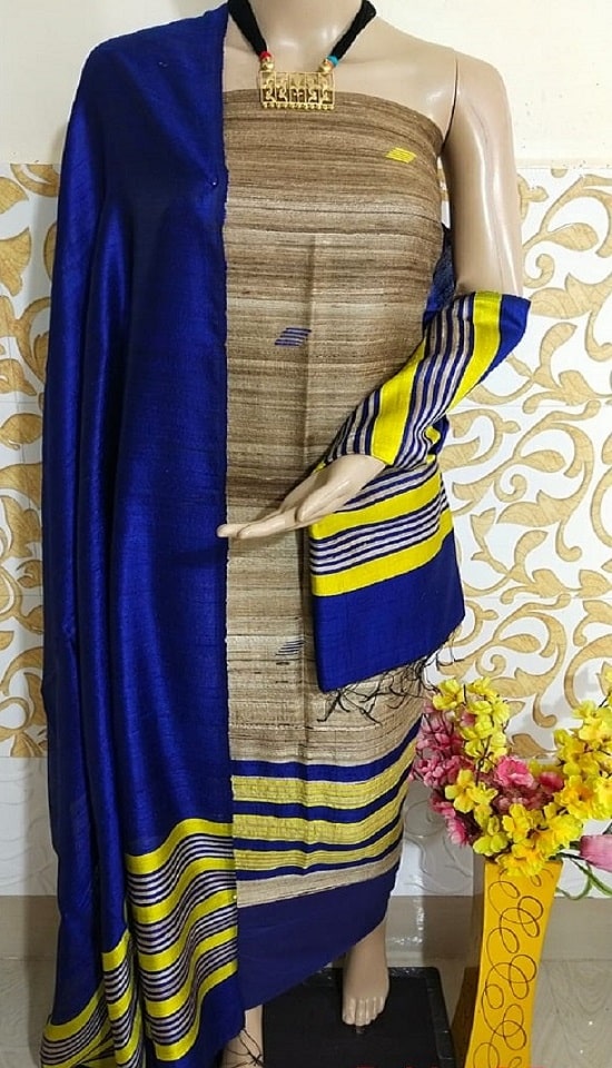 Rustic Natural Texture Blue Pure Tussar Dupion Raw Silk Handwoven Dress Material With Top Bottom Dupatta Set2