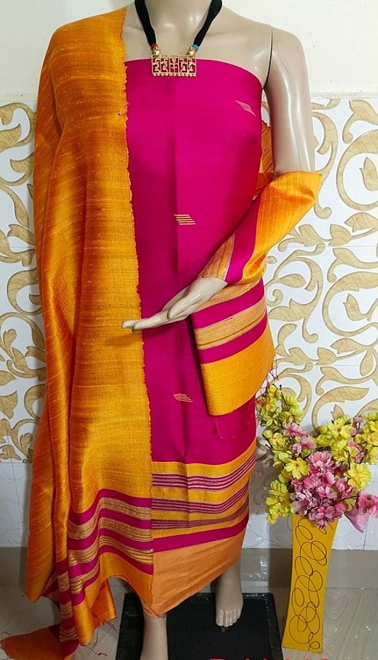 Strikingly beautiful Pink Yellow Pure Tussar Dupion Raw Silk Handwoven Dress Material With Top Bottom Dupatta Set2