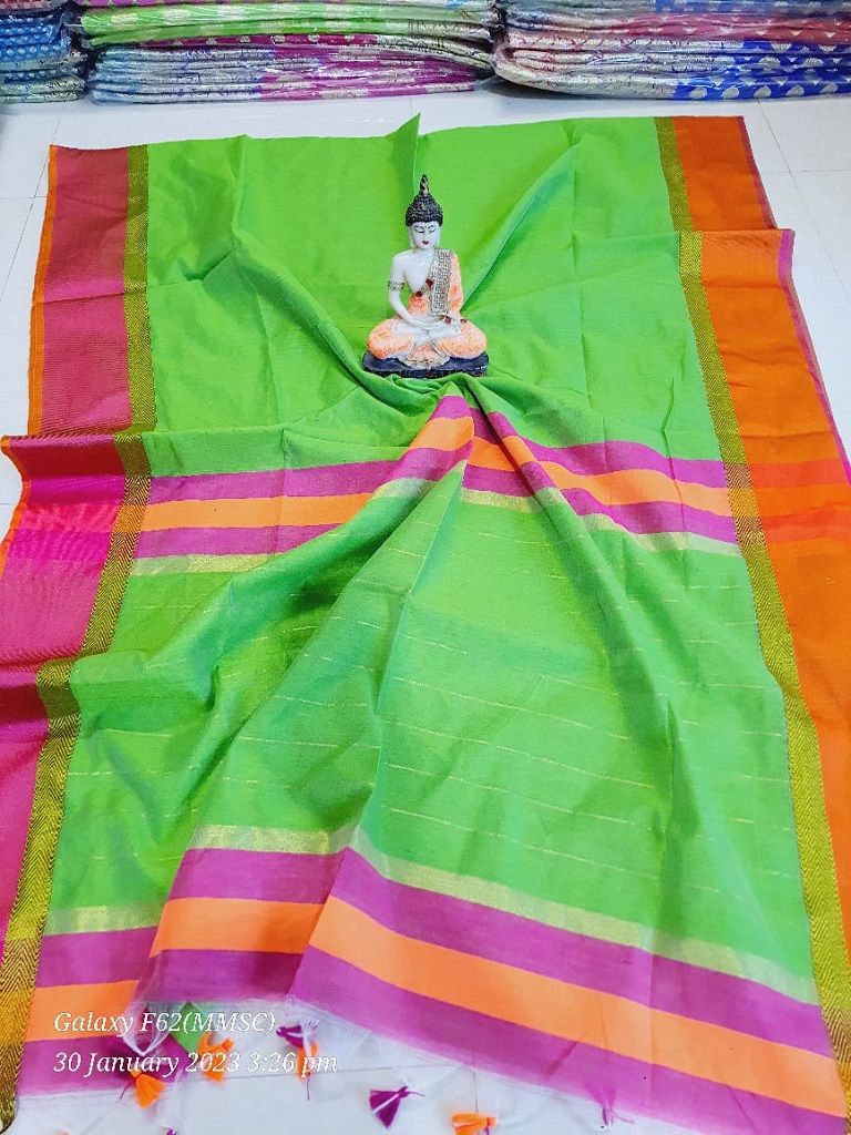 Anahata Green Maheshwari Cotton Silk Saree With Contrast Border