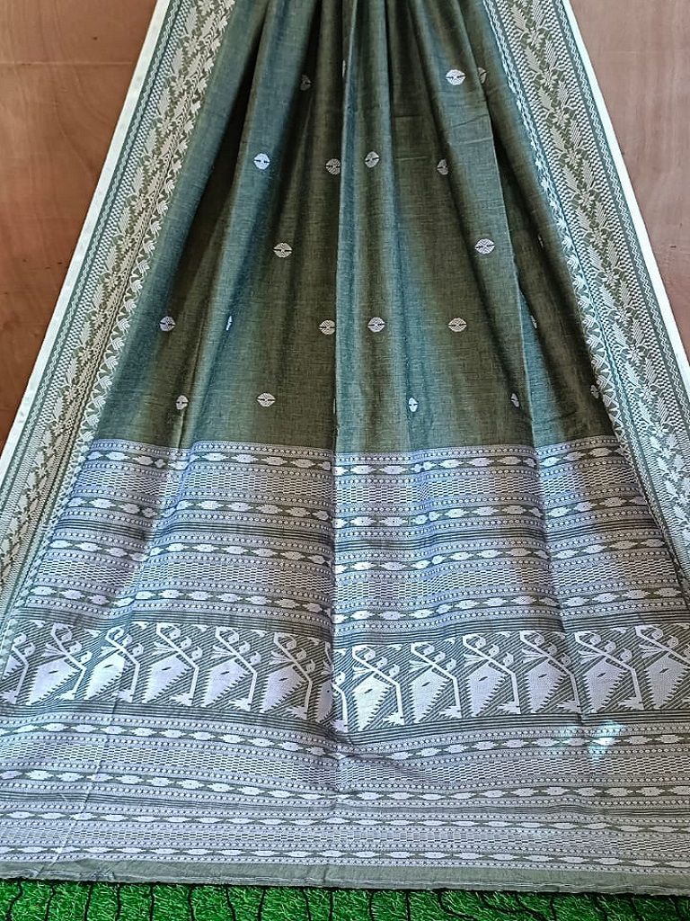 Awesome Mehendi Green Mercerized Cotton Saree With Dhakai Jamdani Weave14