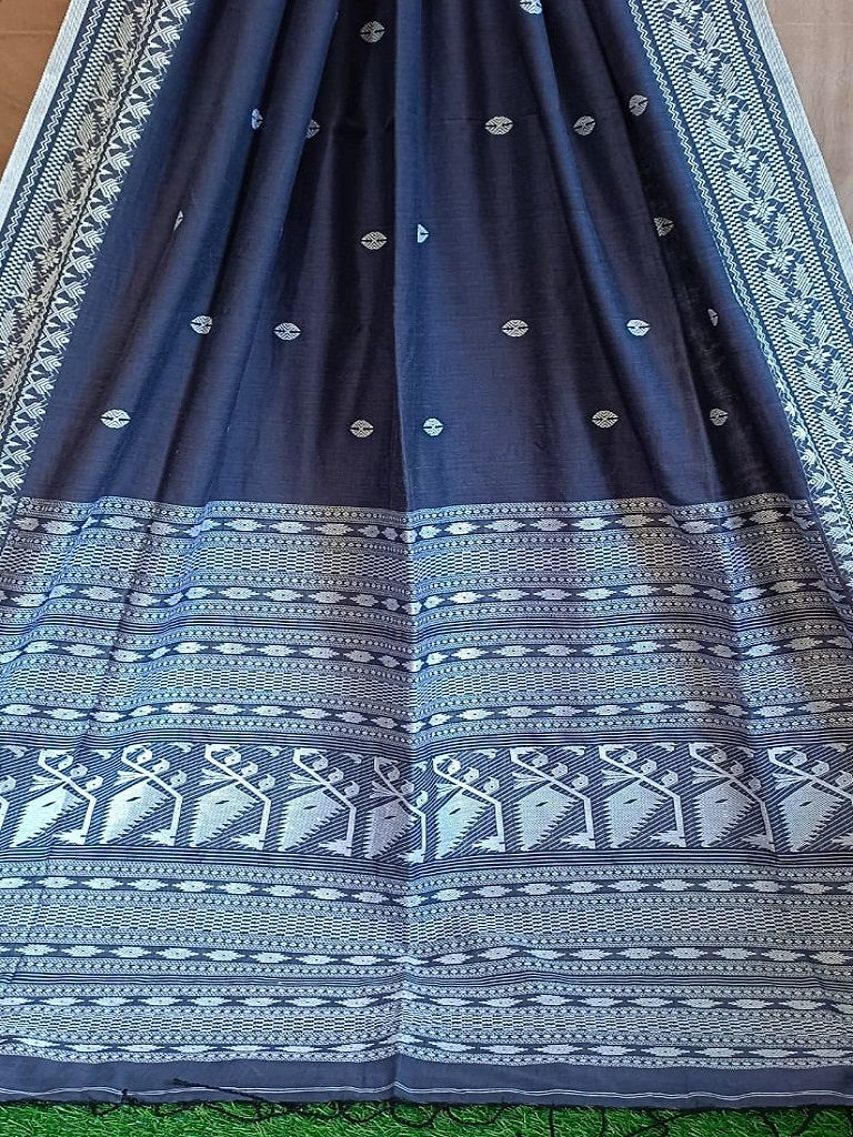 Classic Dark Blue Mercerized Cotton Saree With Dhakai Jamdani Weave14