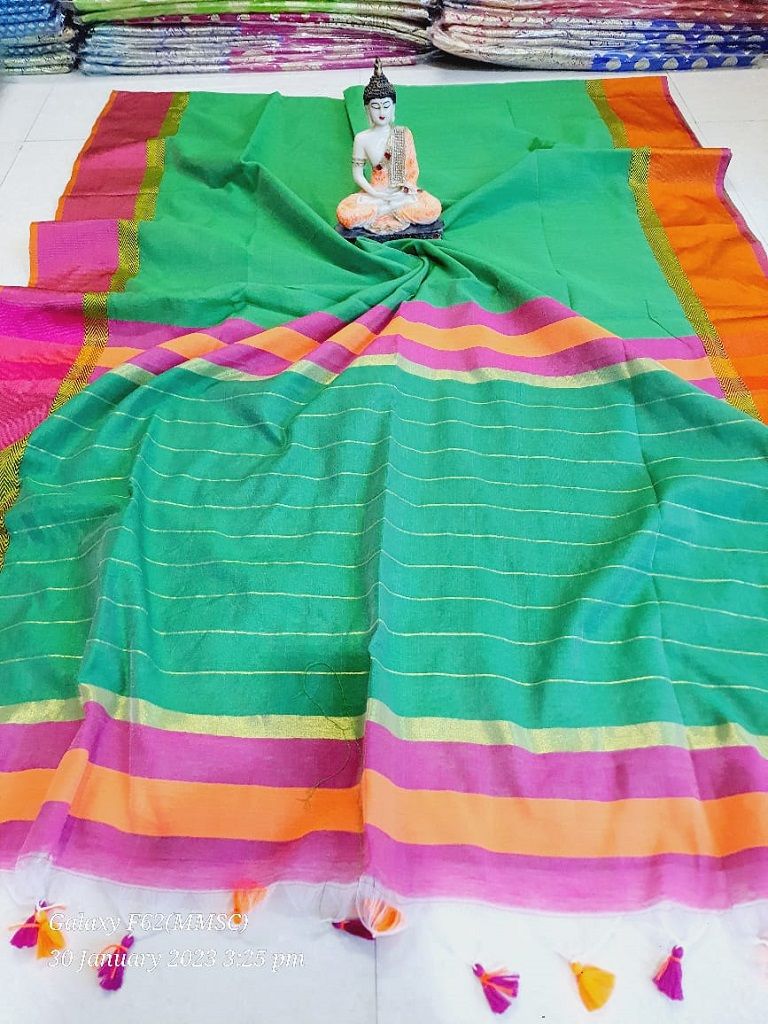 Compassionate Rama Green Maheshwari Cotton Silk Saree With Contrast Border