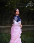 Elegant Pink Linen Silk Embroidery Saree With Silver Border 2