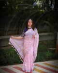 Elegant Pink Linen Silk Embroidery Saree With Silver Border 3