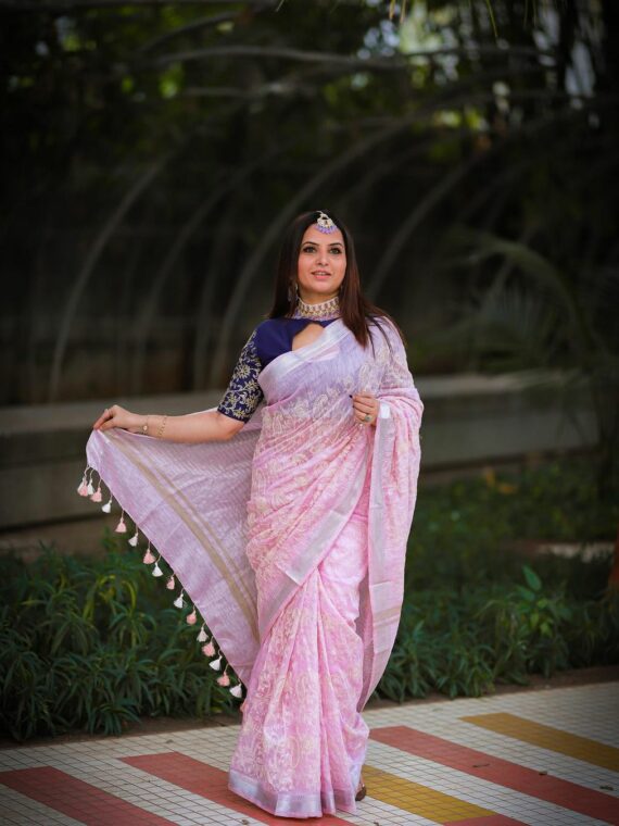 Elegant Pink Linen Silk Embroidery Saree With Silver Border 3
