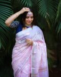 Elegant Pink Linen Silk Embroidery Saree With Silver Border 4