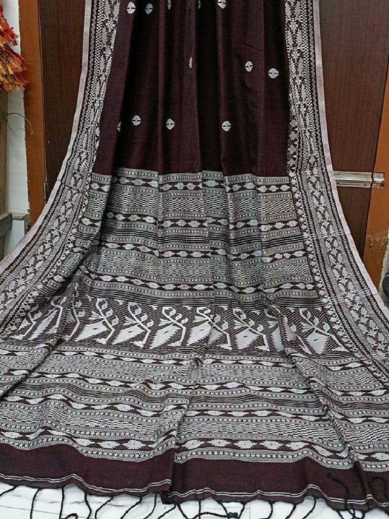 Gorgeous Chocolate Brown Mercerized Cotton Saree With Dhakai Jamdani Weave14