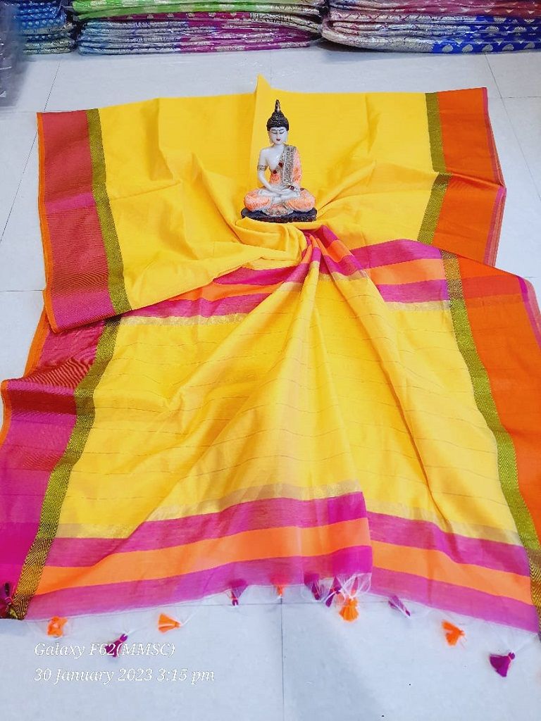 High Vibrational Yellow Maheshwari Cotton Silk Saree With Contrast Border