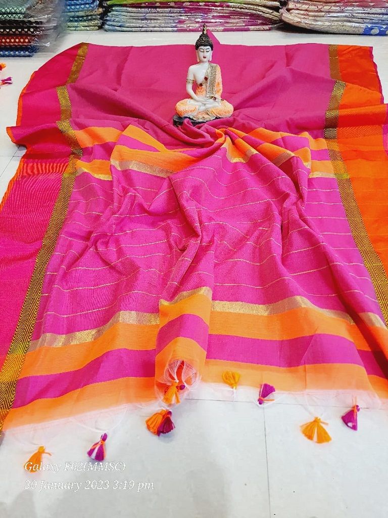 Loving Heart Pink Maheshwari Cotton Silk Saree With Pink Pallu