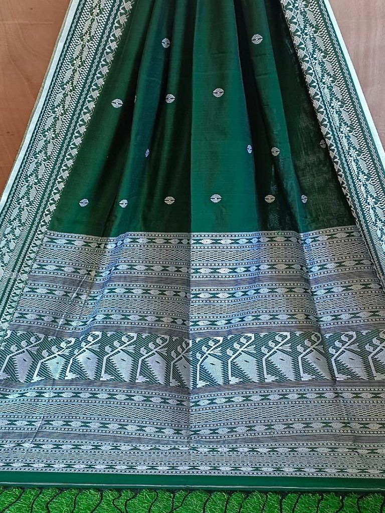 Splendid Bottle Green Mercerized Cotton Saree With Dhakai Jamdani Weave14