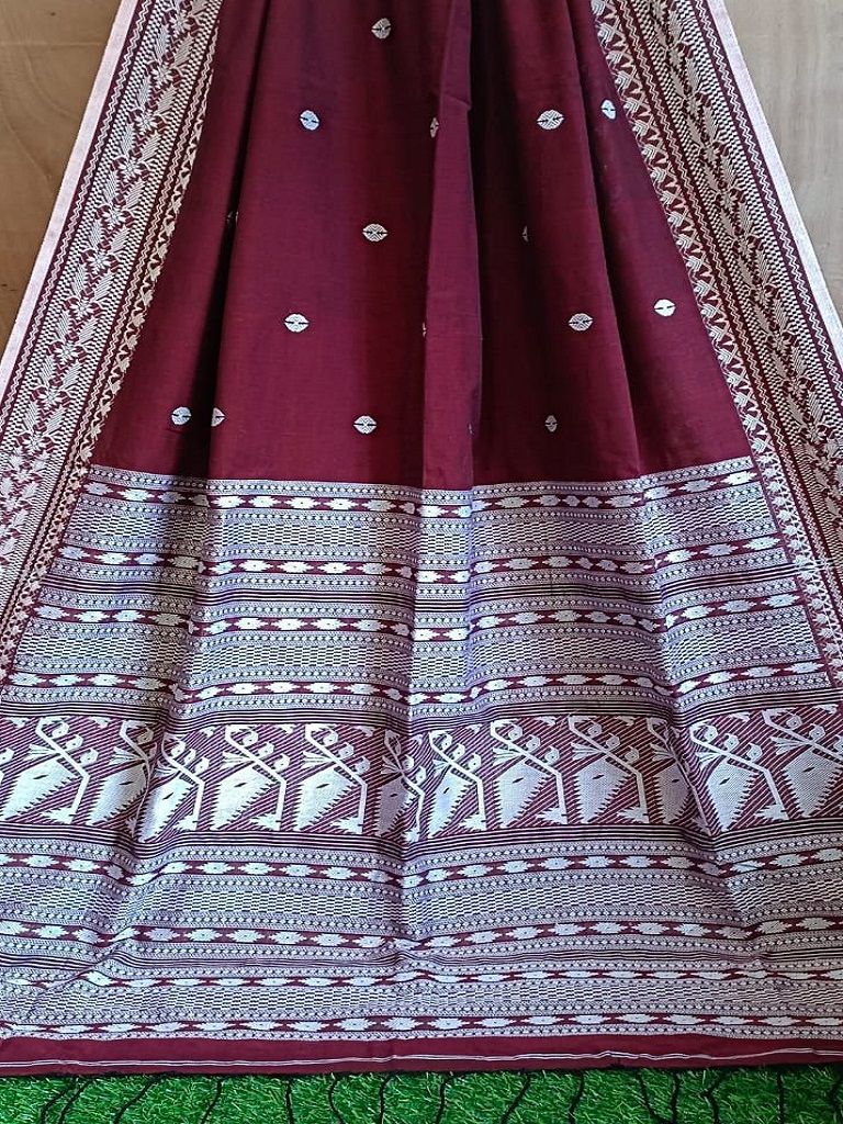 Stunning Maroon Mercerized Cotton Saree With Dhakai Jamdani Weave14