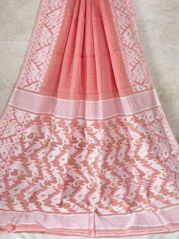 Awesome Peach Dhakai Jamdani Light Weight Cotton Silk Saree Without Blouse